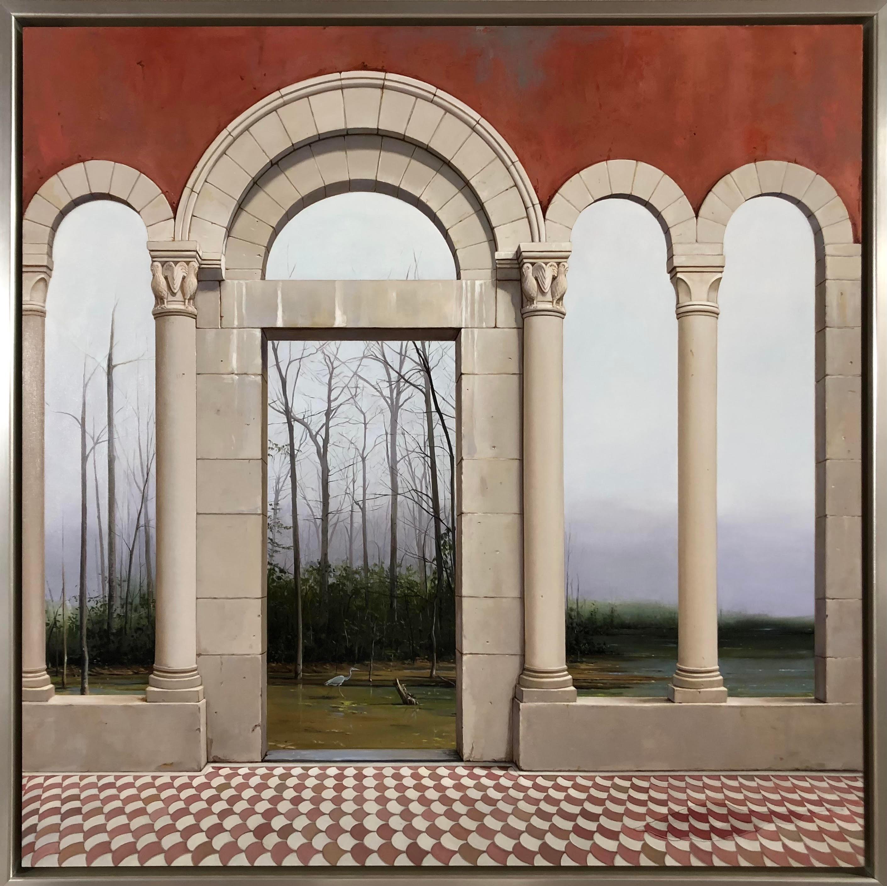 La Scomparsa - Ancient Architectural Arched Doorways Leading to Lush Landscape - Painting by Carol Pylant