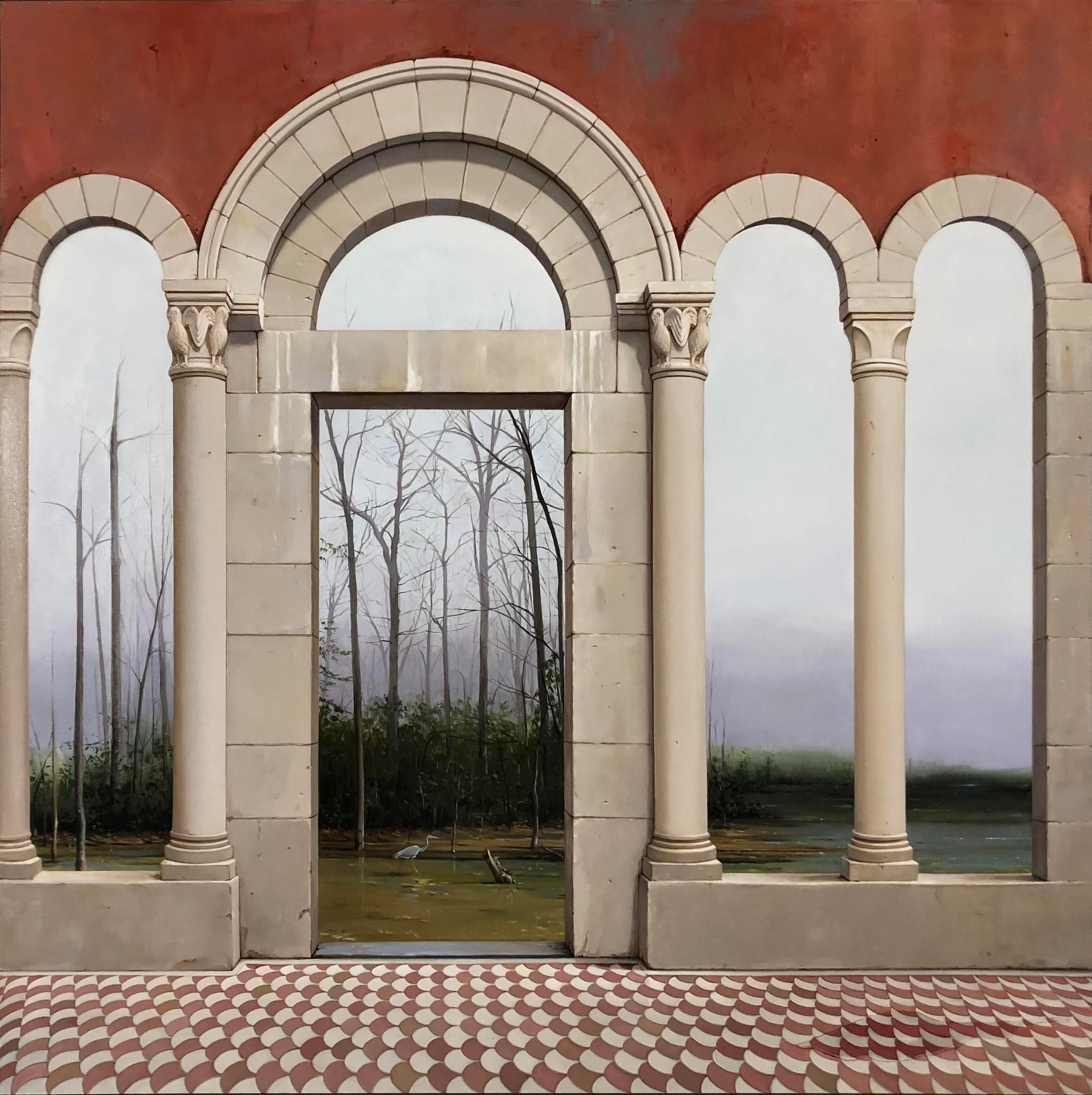 Landscape Painting Carol Pylant - La Scomparsa - Anciennes portes architecturales en arc de cercle menant à un paysage luxuriant