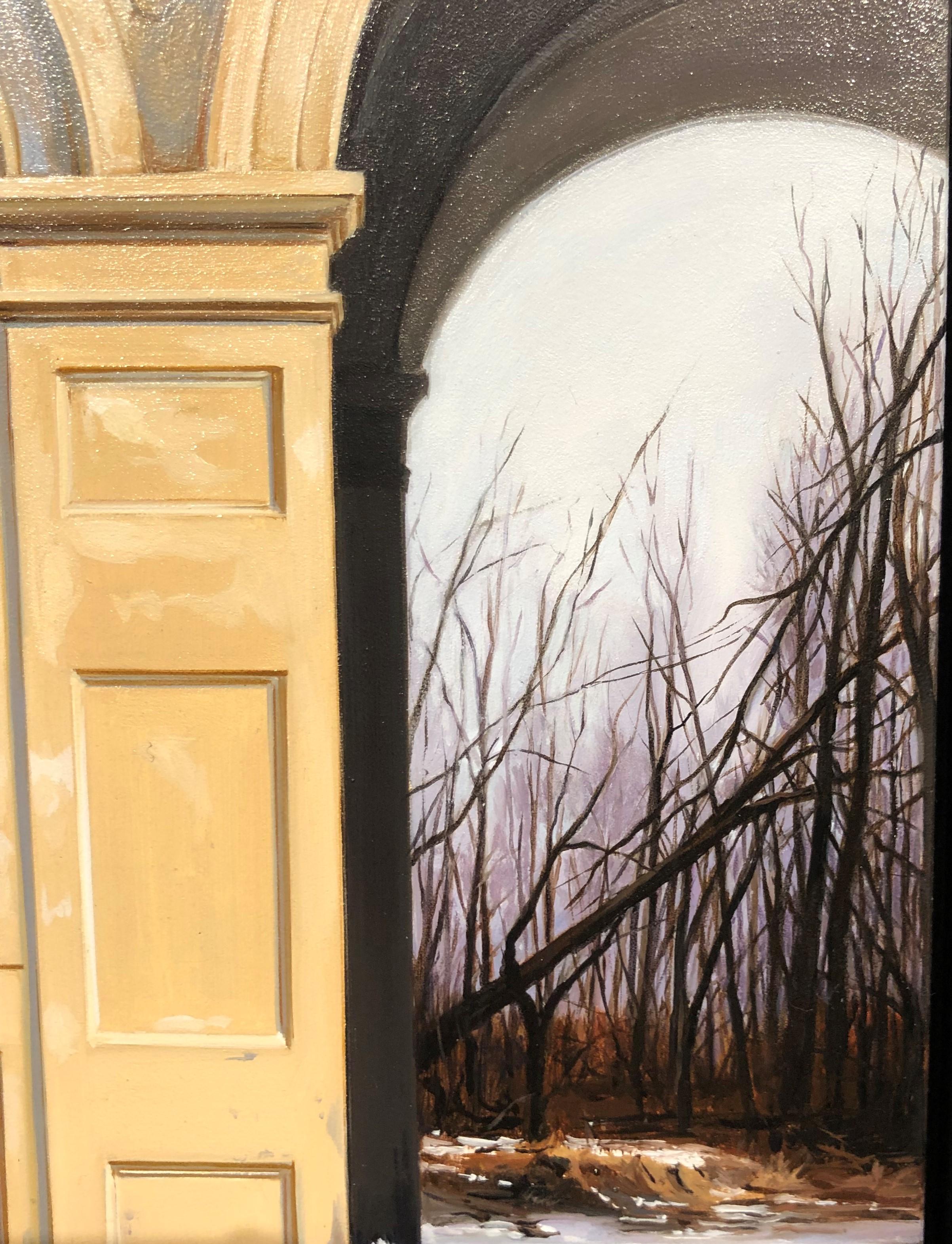 Medici Winter - Classic Architecture Facade with White Peacock and Winter Scene - Contemporary Painting by Carol Pylant