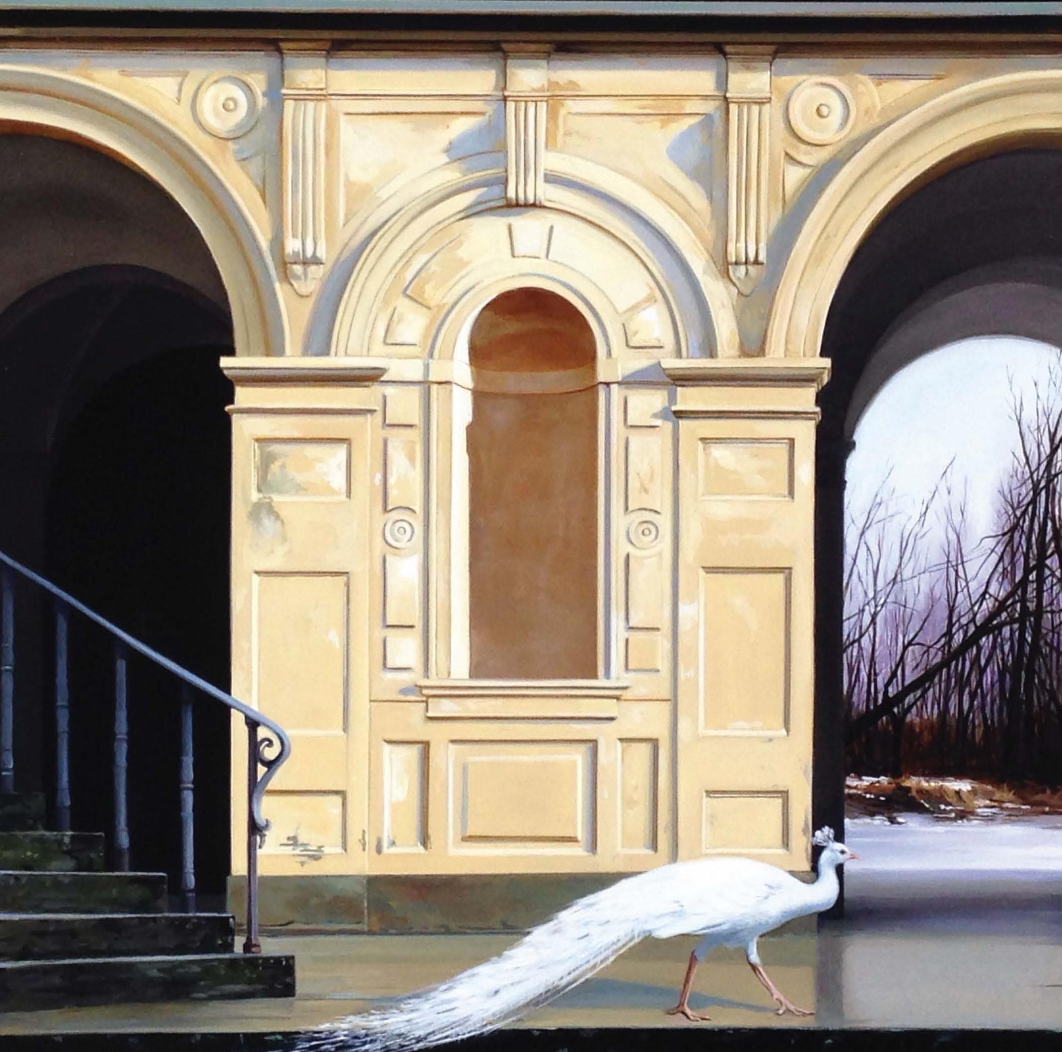 Carol Pylant Landscape Painting - Medici Winter - Classic Architecture Facade with White Peacock and Winter Scene