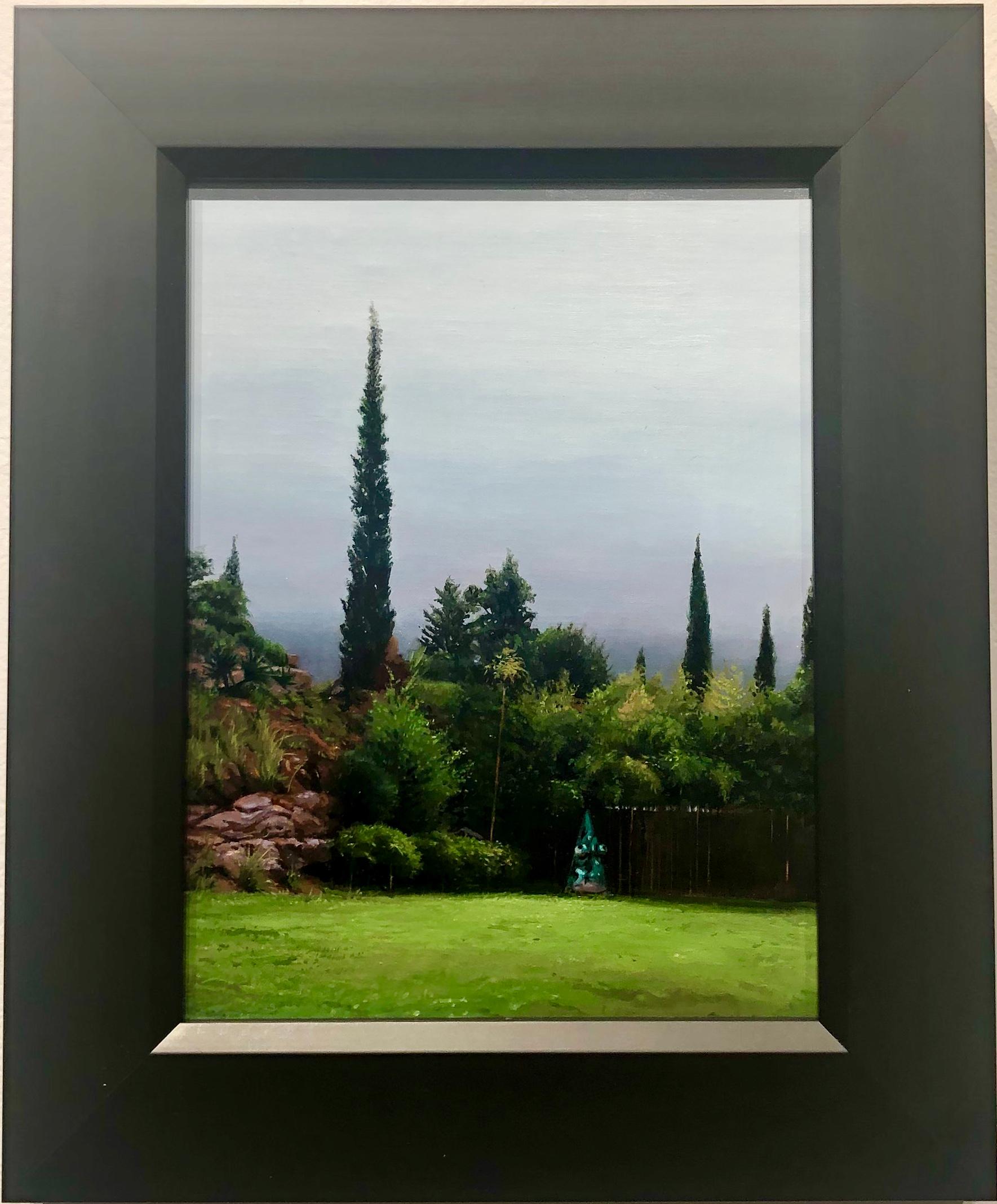 Miro's Dusk, Lush Garden Scene with Miro Sculpture, Oil on Linen on Panel - Painting by Carol Pylant