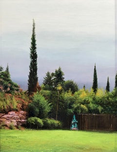 Miro's Dusk, Lush Garden Scene with Miro Sculpture, Oil on Linen on Panel