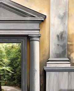 No Return - Architectural Facade with Lush Green Gardens, Oil Painting