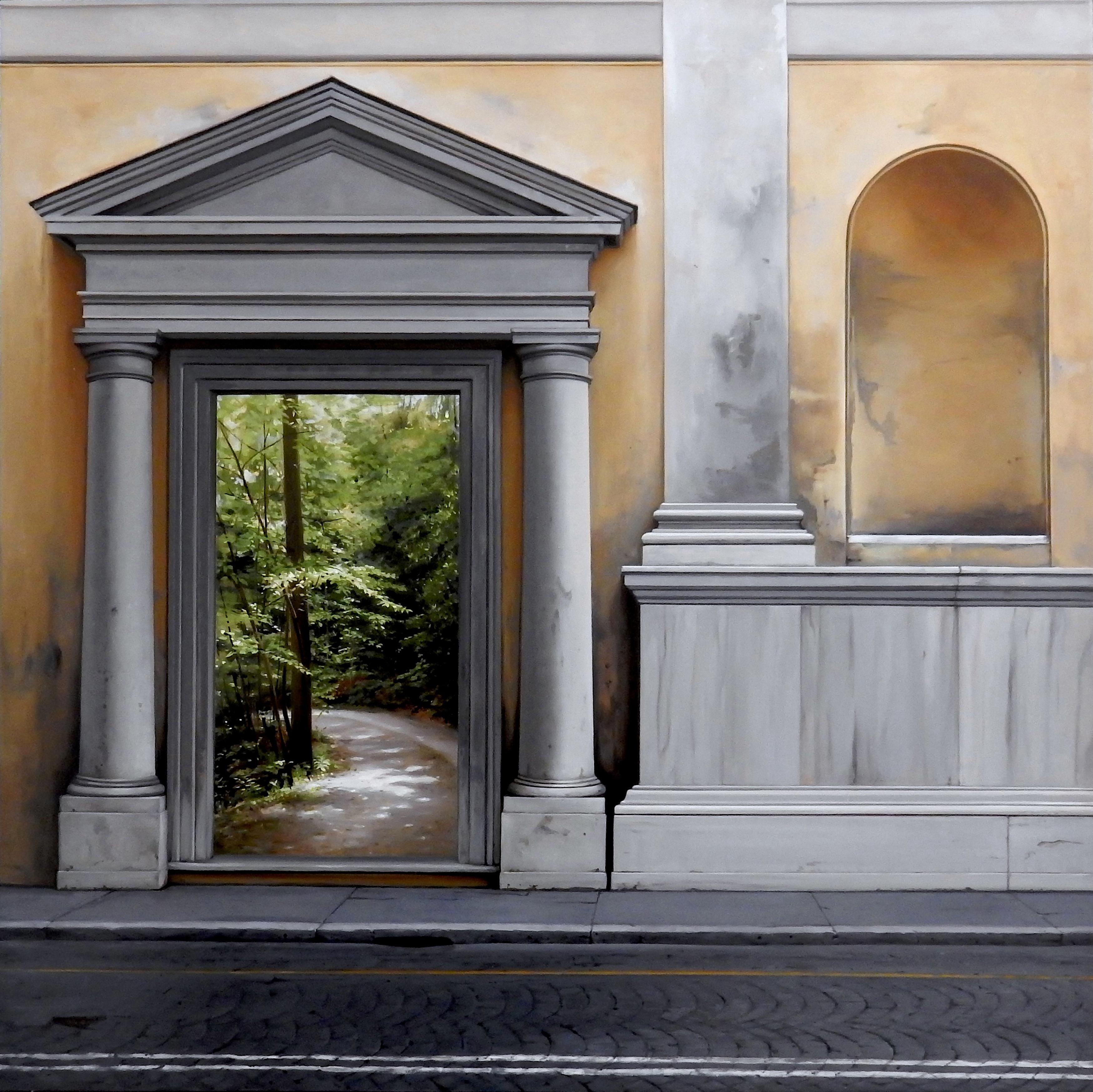 Carol Pylant Landscape Painting - No Return - Architectural Facade with Lush Green Gardens, Oil Painting