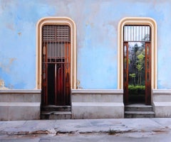 Perservancia - Cuban Architectural Sky Blue Stucco Walls Landscape, Oil Painting