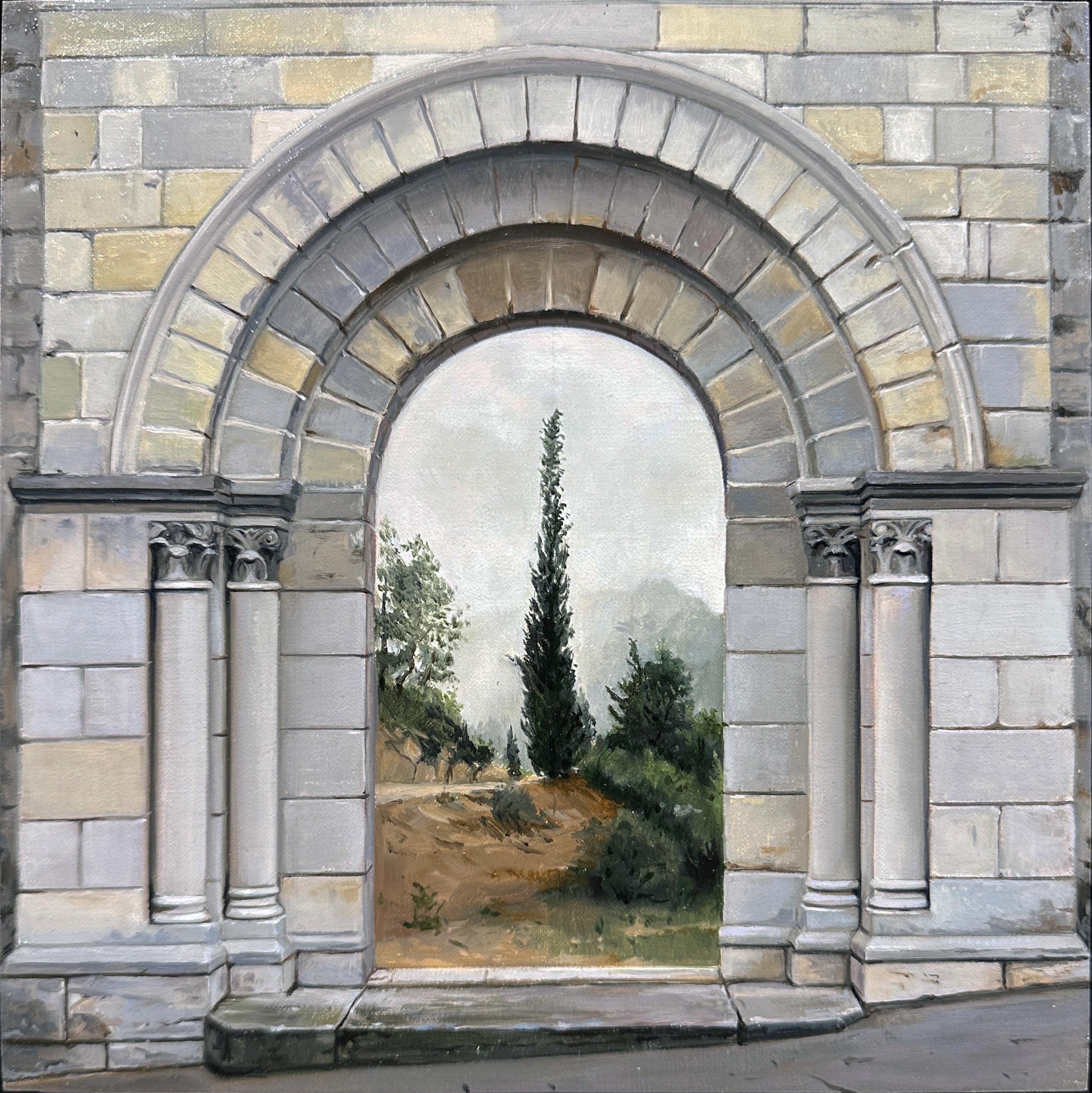 Redempcio - Ancient Architectural Arched Doorways Leading to Misty Landscape - Painting by Carol Pylant