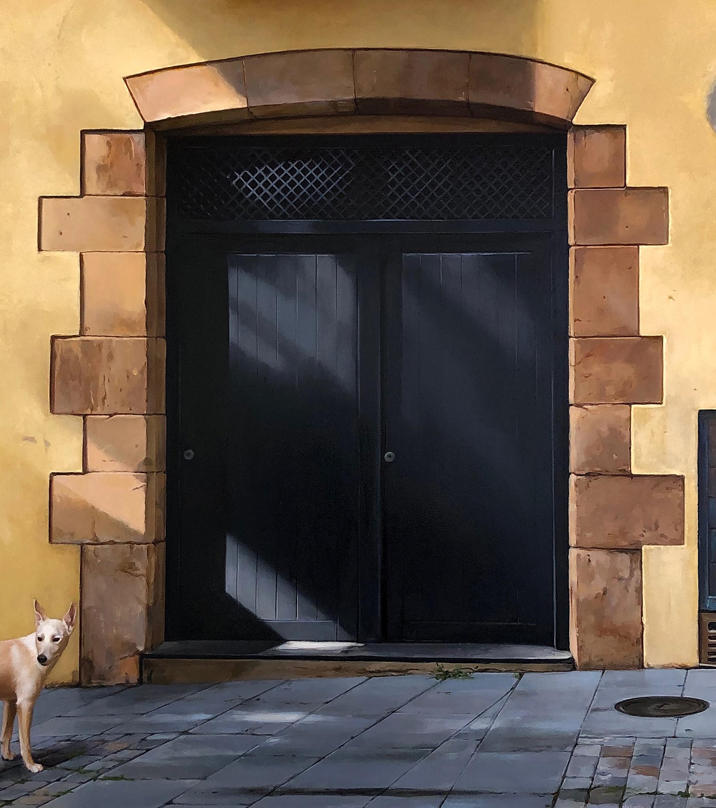 Sombras des Caldes (The Shadows of Caldes) - Architectural Imagery and a Dog  - Contemporary Painting by Carol Pylant