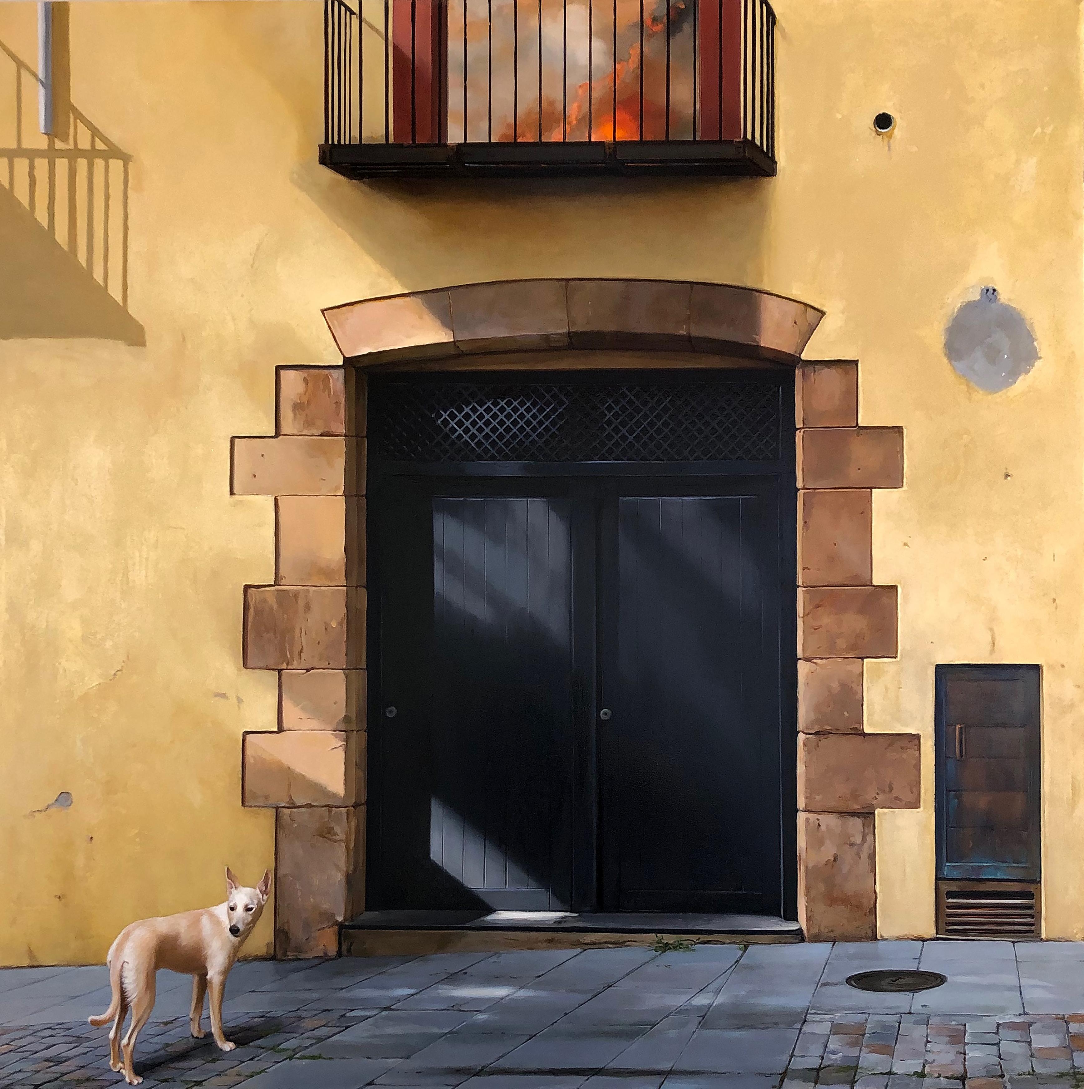 Carol Pylant Animal Painting - Sombras des Caldes (The Shadows of Caldes) - Architectural Imagery and a Dog 