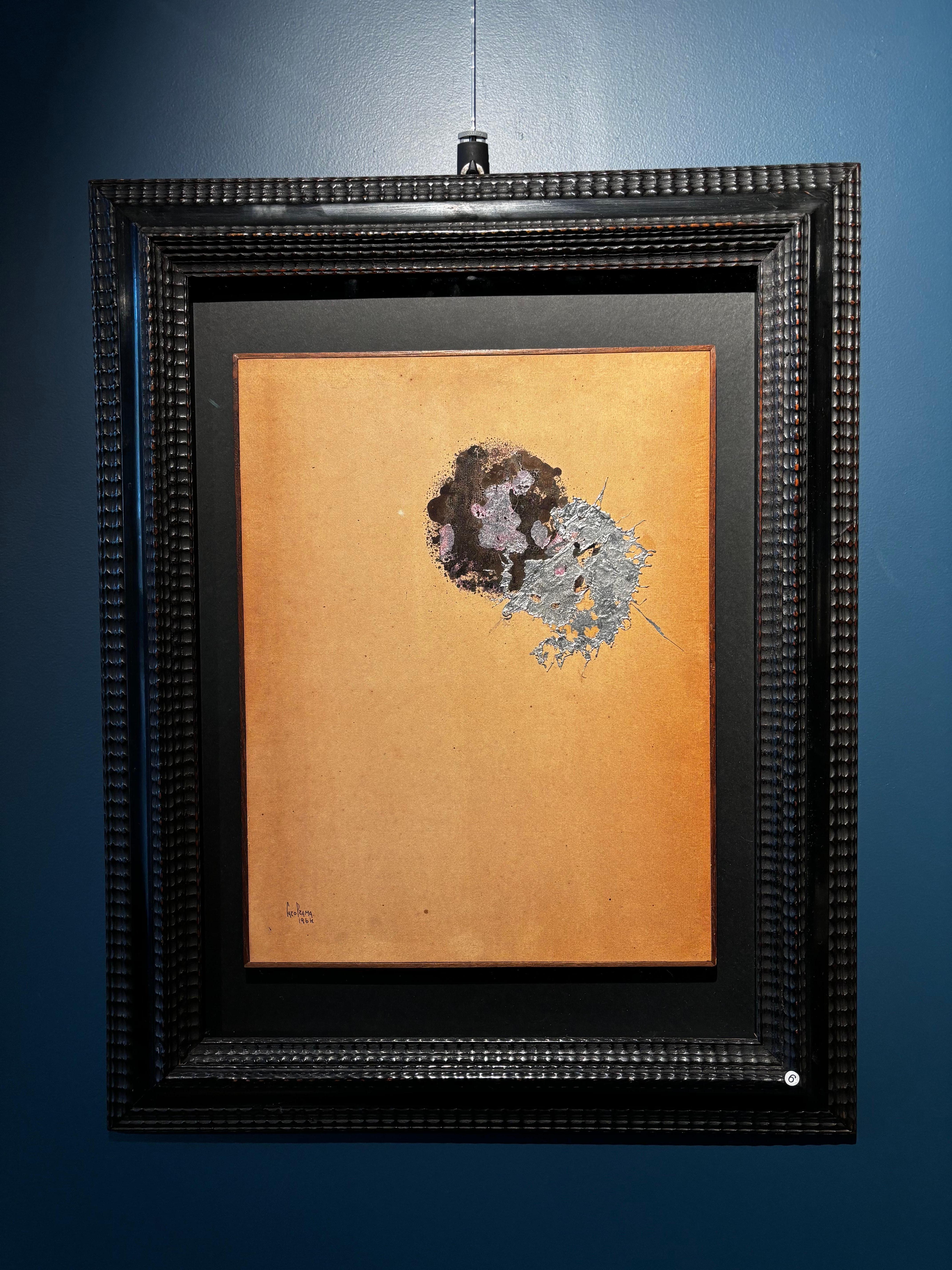 senza titolo  , inchiostro , nero, rosa  e metallo fuso 1964 cm. 44 x 34 - Painting Astratto di Carol Rama 