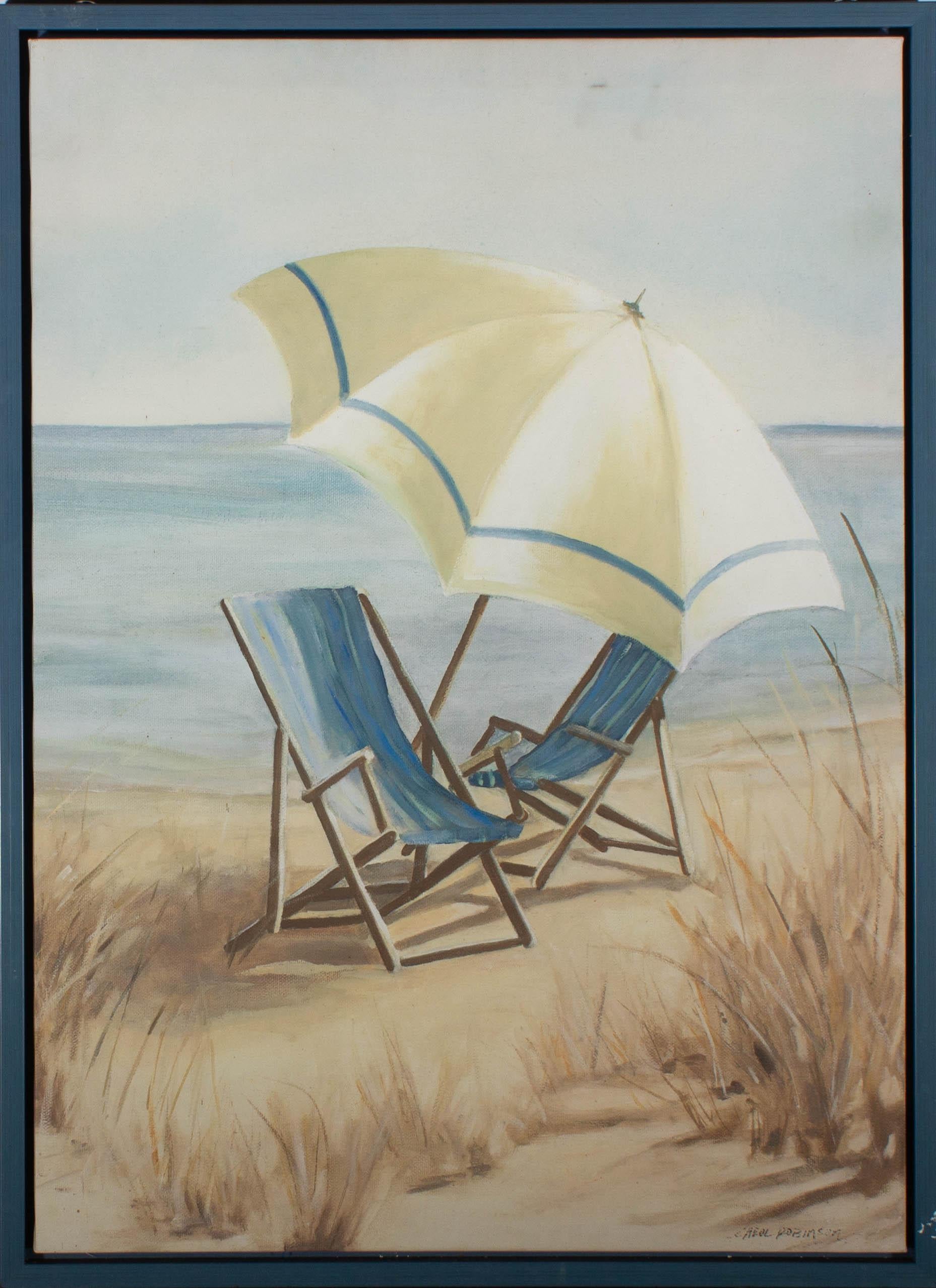 Une délicieuse scène d'été représentant deux chaises de plage et un parapluie au bord de la mer. Carol Robinson est une artiste basée aux États-Unis, spécialisée dans les peintures florales. Elle capture ses scènes dans des couleurs douces et