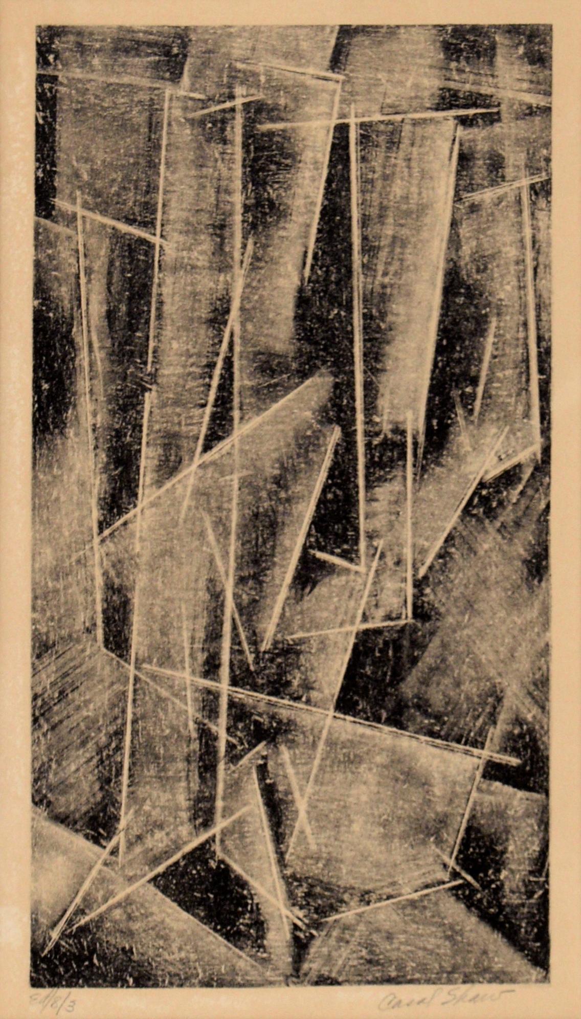 Bold geometric abstract etching by Carol Shaw (20th Century). Sharp lines - created with the use of negative space - divide the composition into sections, with shading between them. The shading creates a sense of depth and three-dimensional