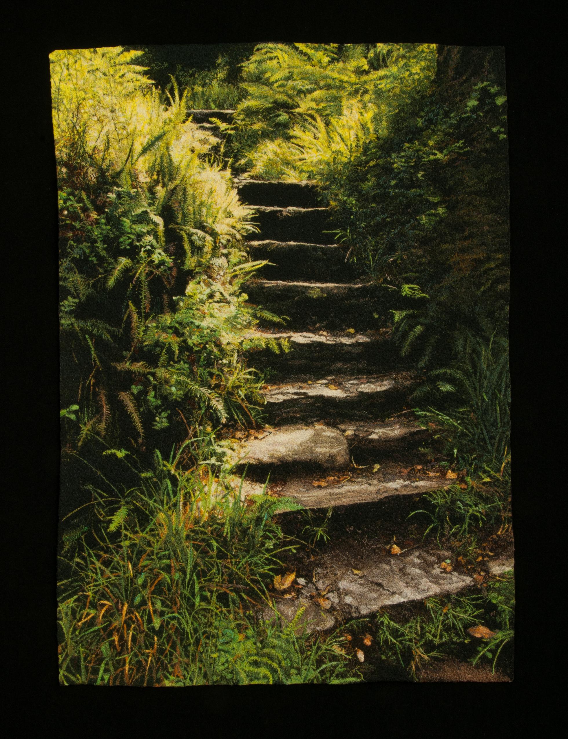 "Forest Steps", Contemporary, Embroidery, Framed, Thread, Forest, Nature, Earth - Mixed Media Art by Carol Shinn