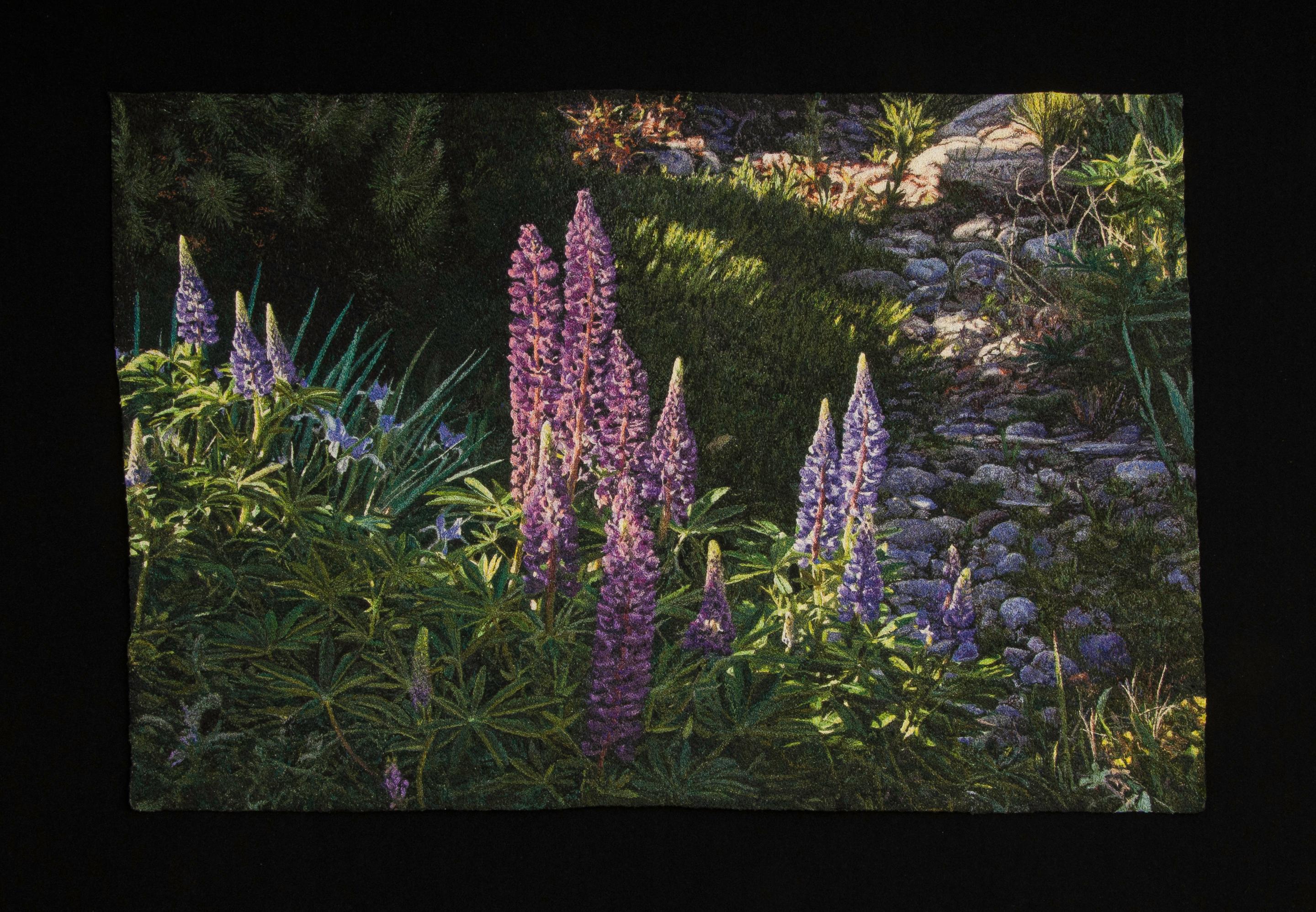 "Lupinos", Contemporáneo, Enmarcado, Bordado, Fotorrealismo, Naturaleza, Paisaje
