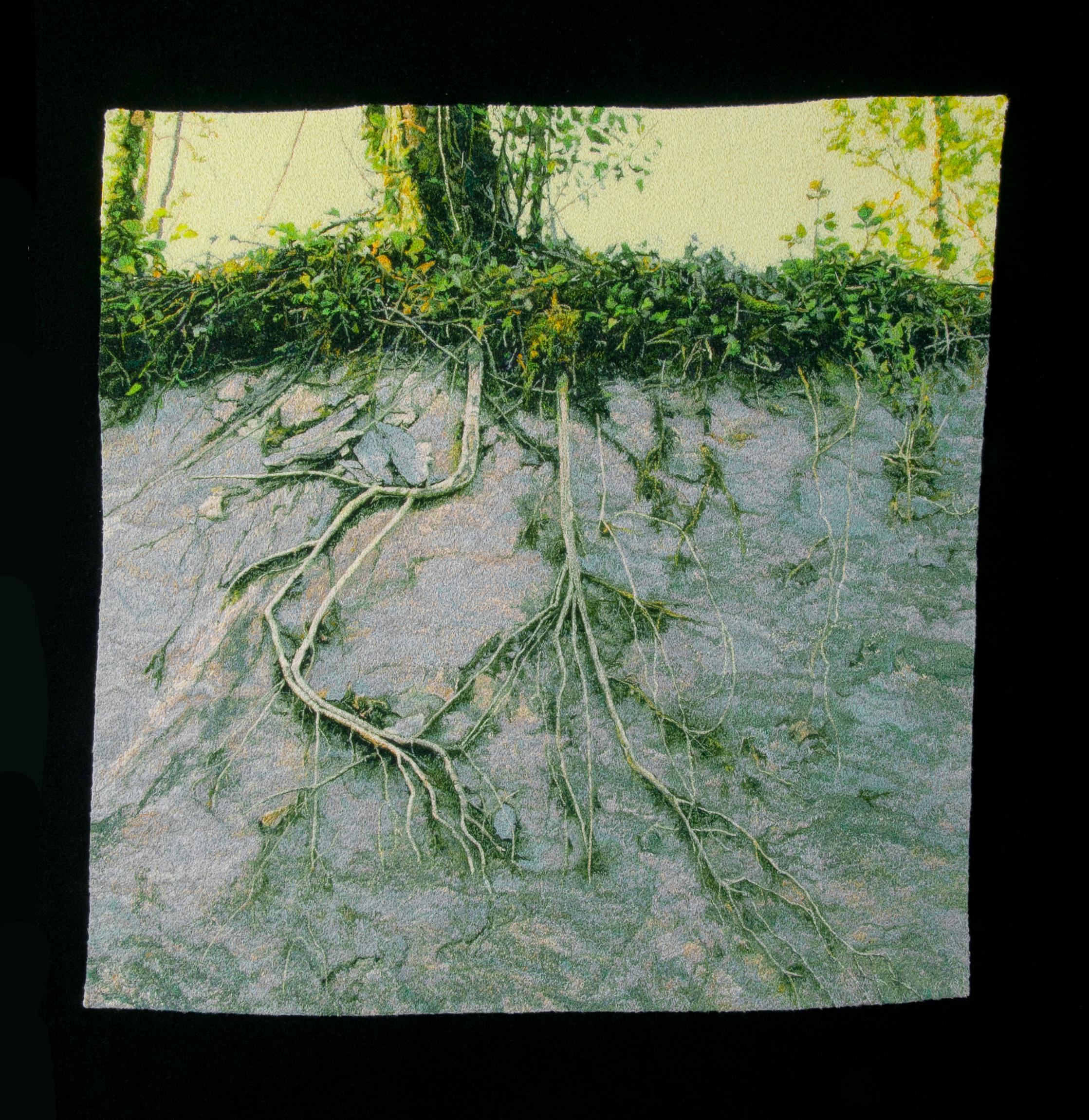 Roots on Stone, Carol Shinn, 2018, broderie encadrée, photoréalisme, textile