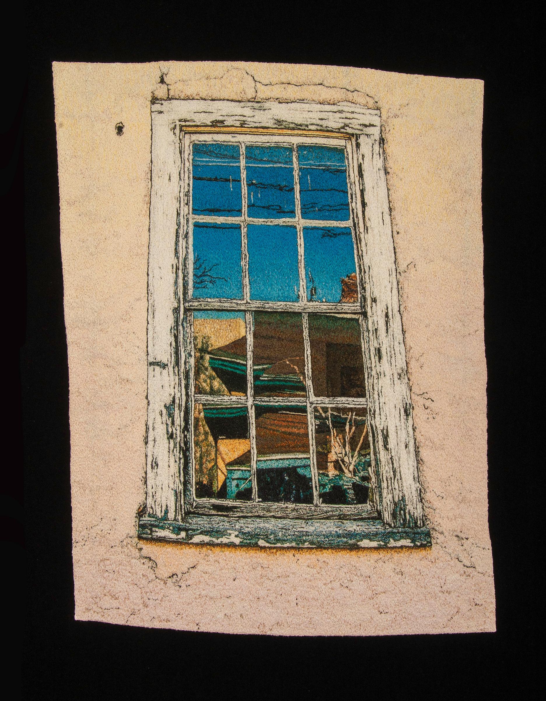 "Window Reflections", framed photorealistic embroidery, textile, fiber, craft - Art by Carol Shinn