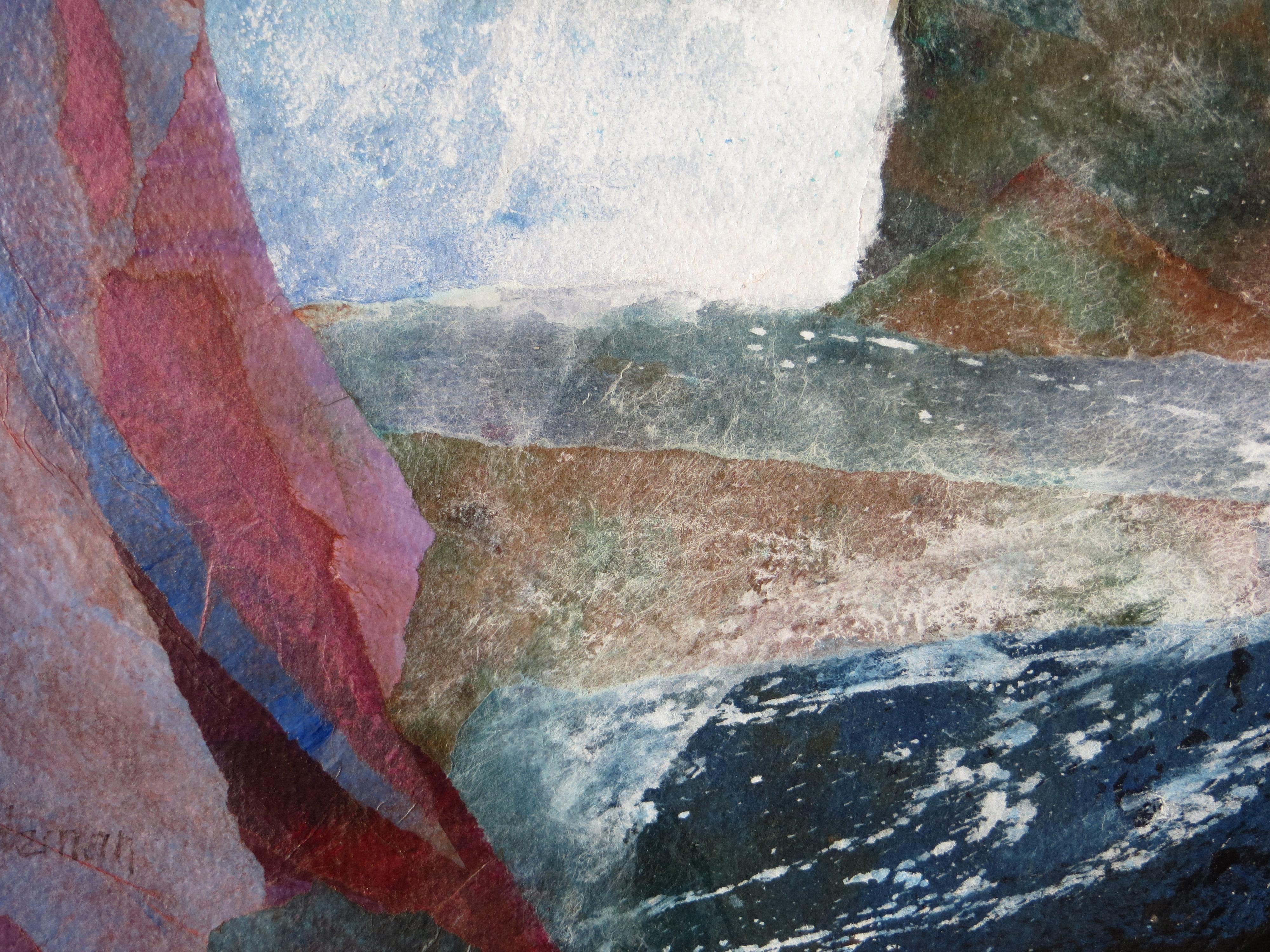 Artistics : Carol Sideman- Américain (1925-2021)
Titre : Mer bleue #57
Année : vers 1975
Médium : Peinture acrylique, gouache, chine colle sur papier aquarelle épais
Taille : 22 ½ x 27 5/8 pouces. 
Signature : Signé en bas à gauche
Condit : Très
