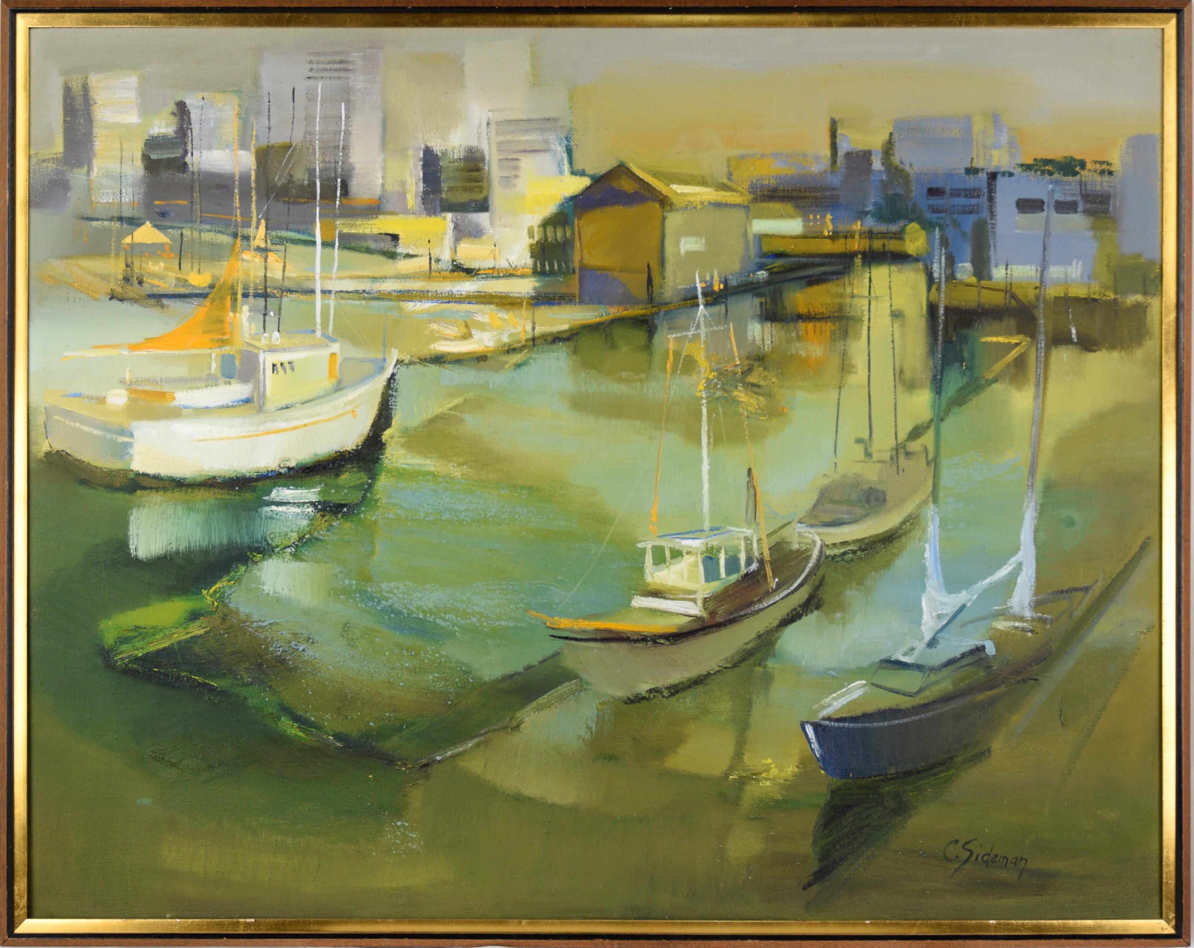 Carol Sideman Landscape Painting - "City Harbor" Mid Century Modern Oakland Seascape in Oil on Linen