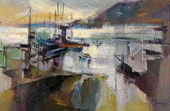 "Rain-Drenched Marina" Mid Century Modern Oakland Seascape in Oil on Linen