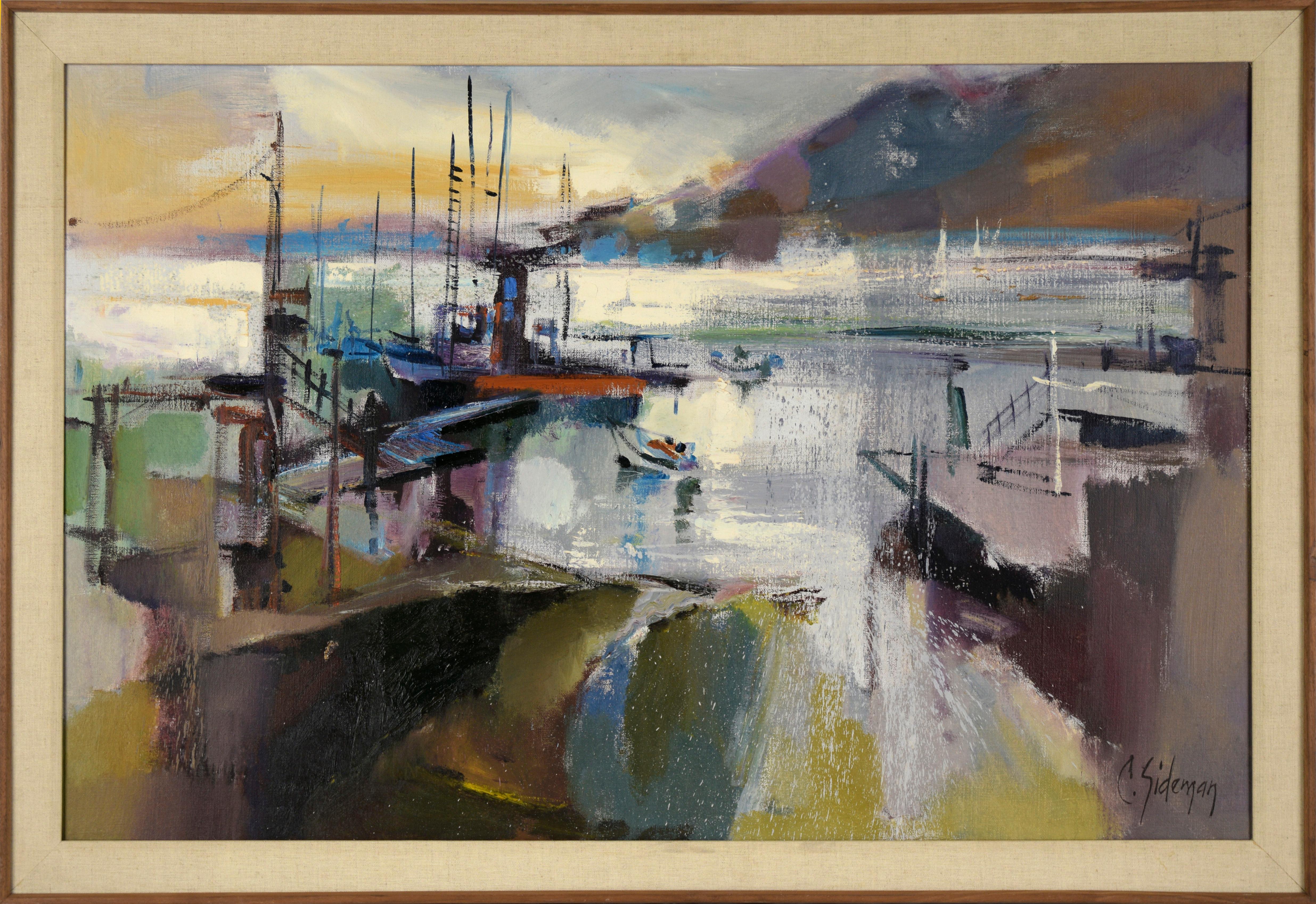 "Marina empapada por la lluvia" Paisaje marino de Oakland moderno de mediados de siglo en óleo sobre lino