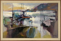 "Marina empapada por la lluvia" Paisaje marino de Oakland moderno de mediados de siglo en óleo sobre lino