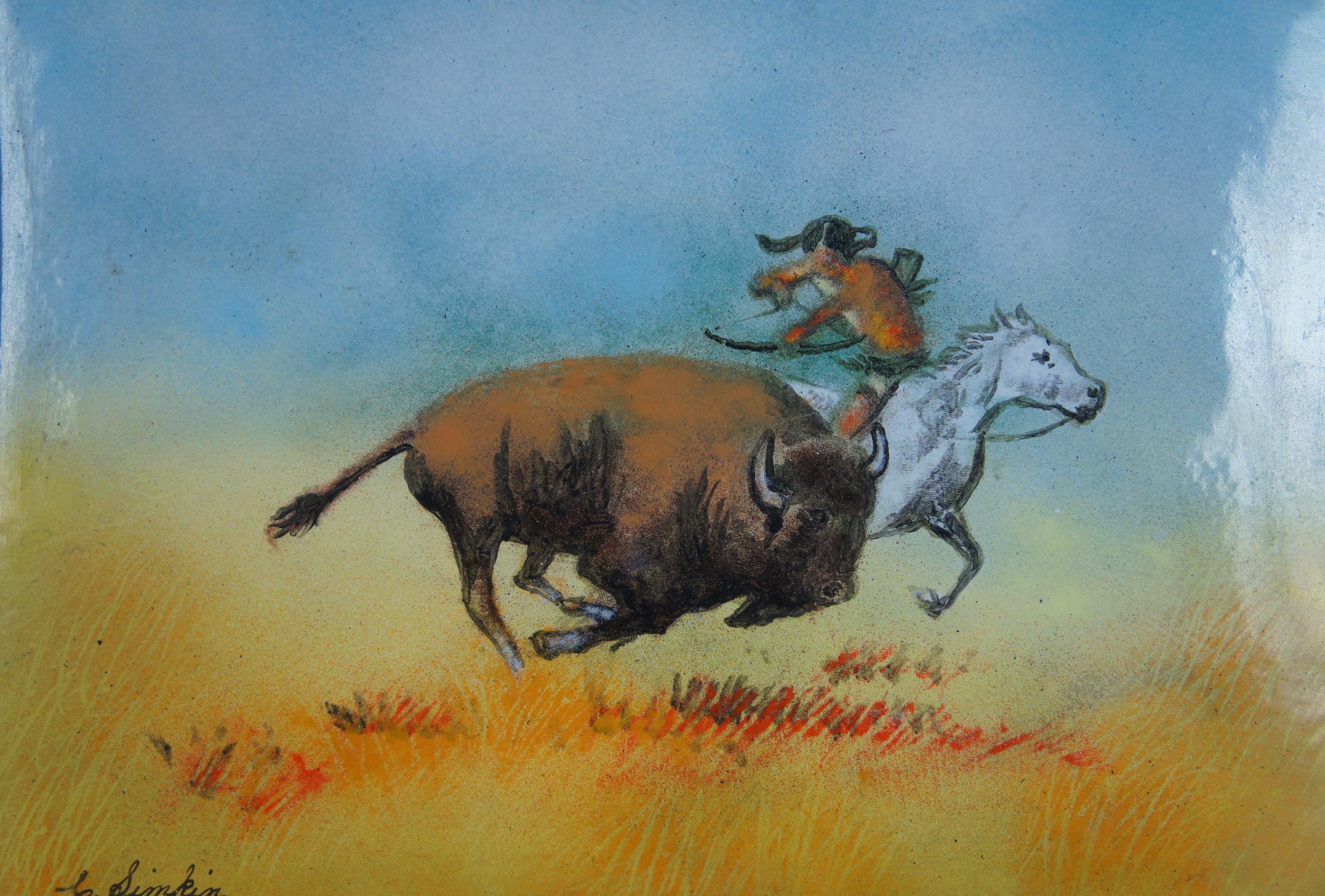 Carol Simkin Enamel Copper Indian Buffalo Hunt Impressionist Landscape Painting In Good Condition In Dayton, OH