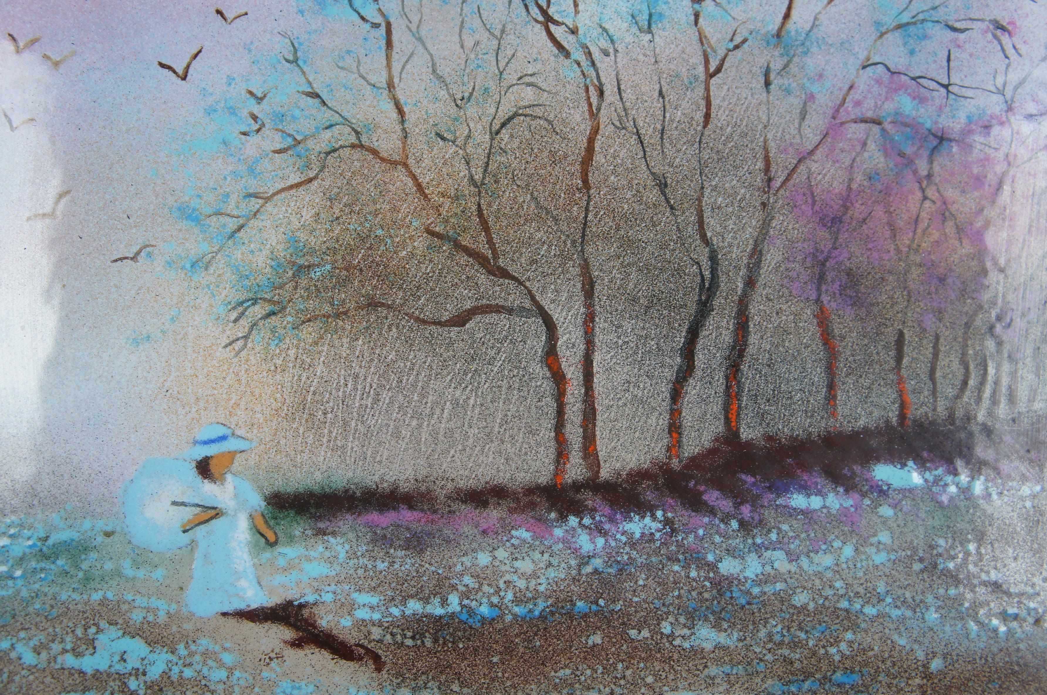 Expressionist Carol Simkin Enamel on Copper Impressionist Forest Landscape Painting w Figure