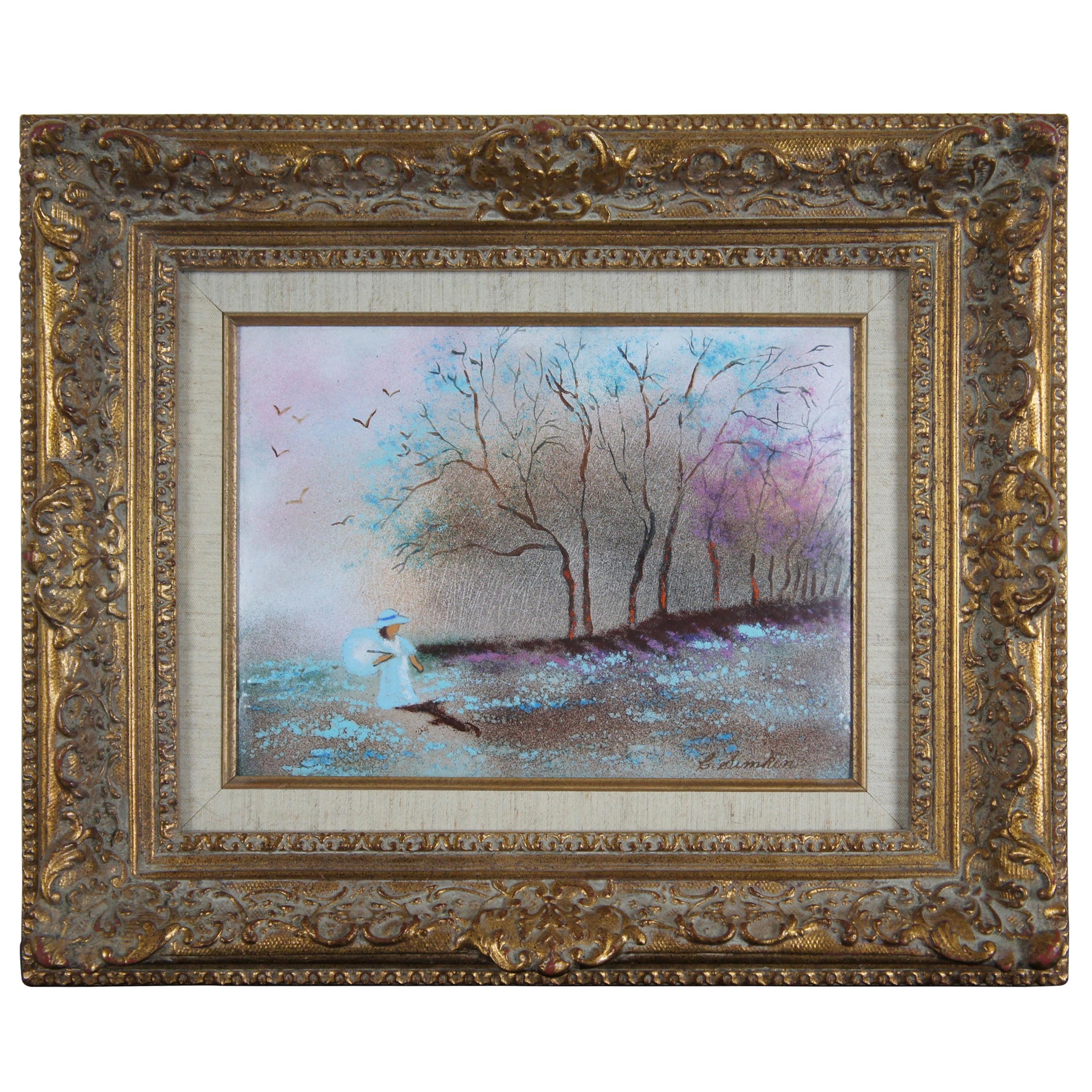 Carol Simkin Enamel on Copper Impressionist Forest Landscape Painting w Figure