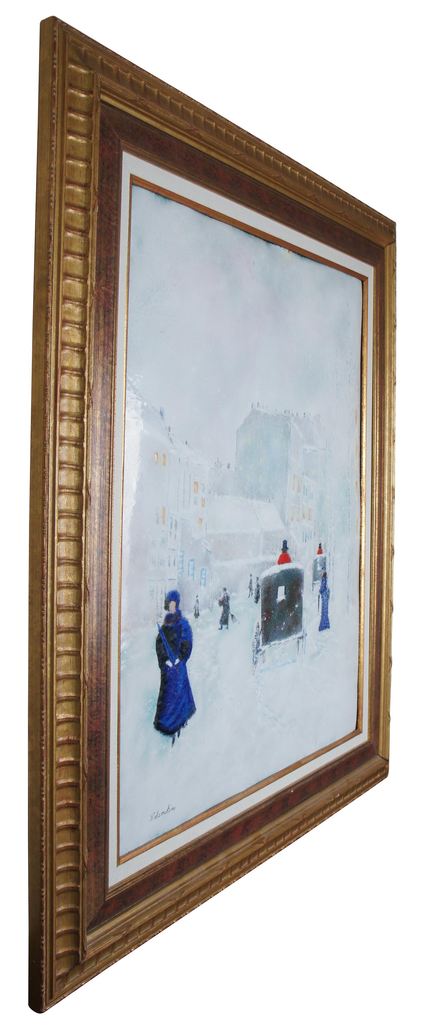 Carol Simkin (American, 20th century) impressionist style enamel on copper painting of a snowy cityscape with Victorian figures and carriages. Carol was a student of Max Karp who was known as the 