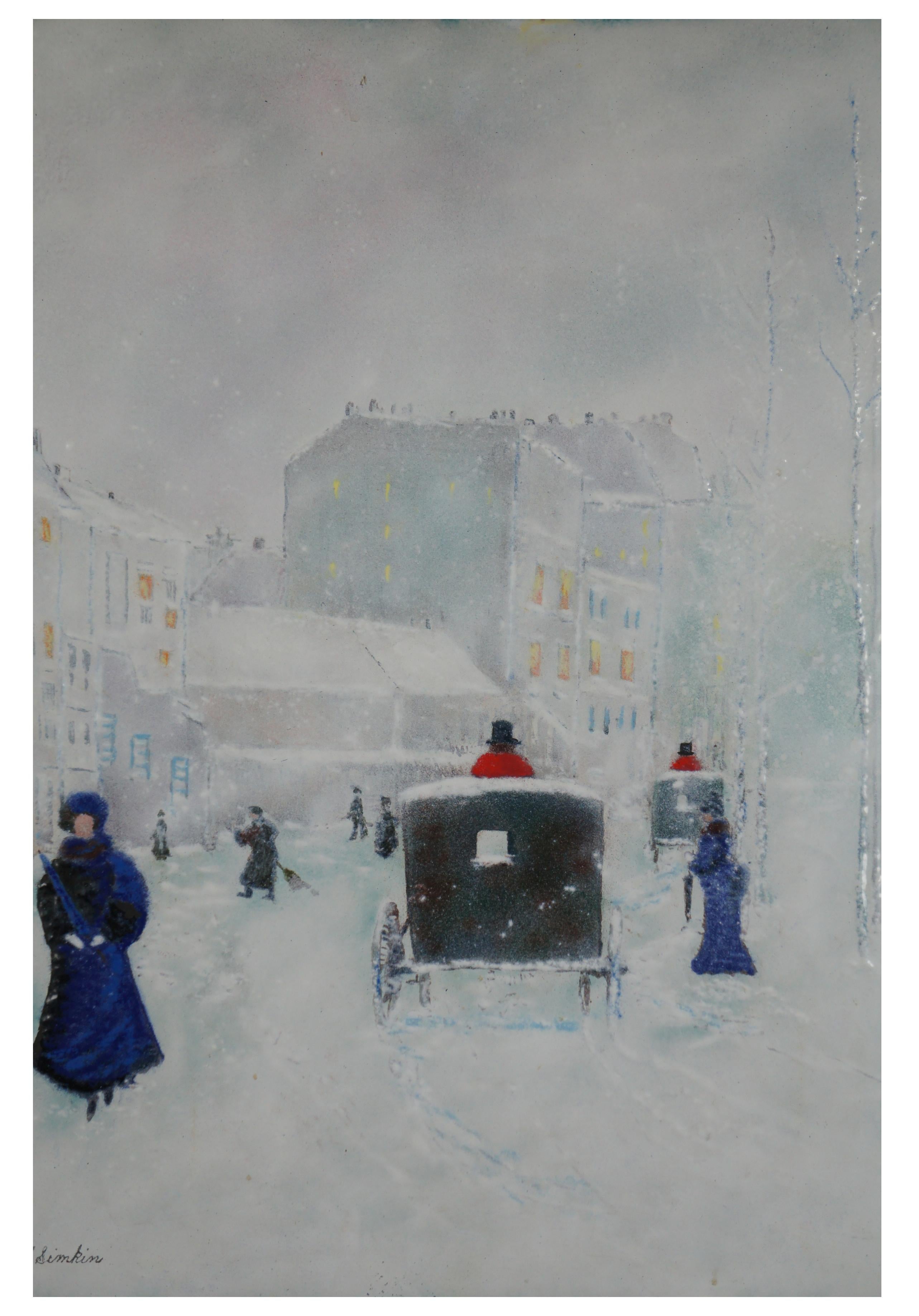 Expressionist Carol Simkin Enamel on Copper Impressionist Winter Landscape Buggy Framed