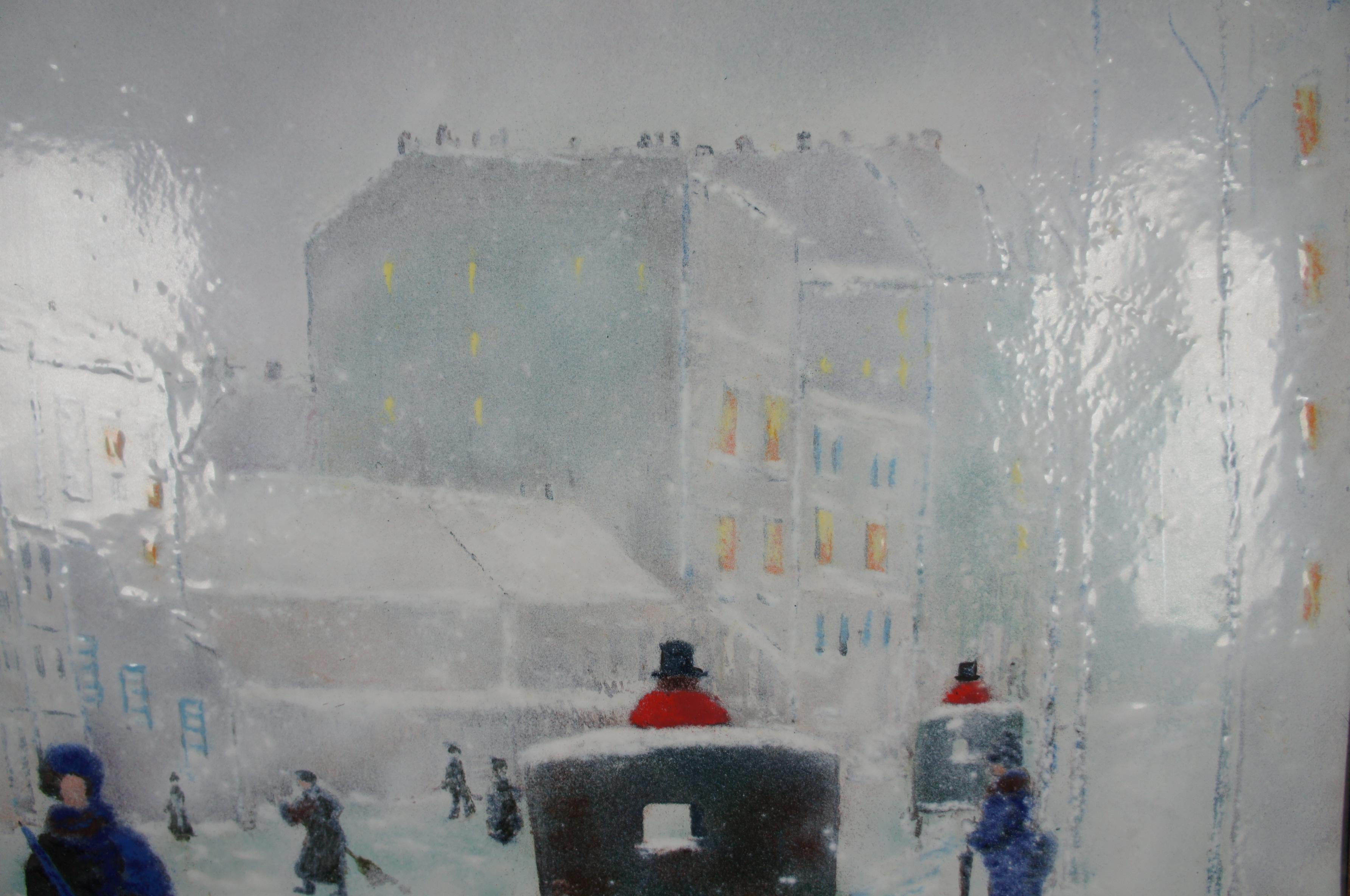 Carol Simkin Enamel on Copper Impressionist Winter Landscape Buggy Framed 1