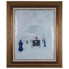 Carol Simkin Enamel on Copper Impressionist Winter Landscape Buggy Framed