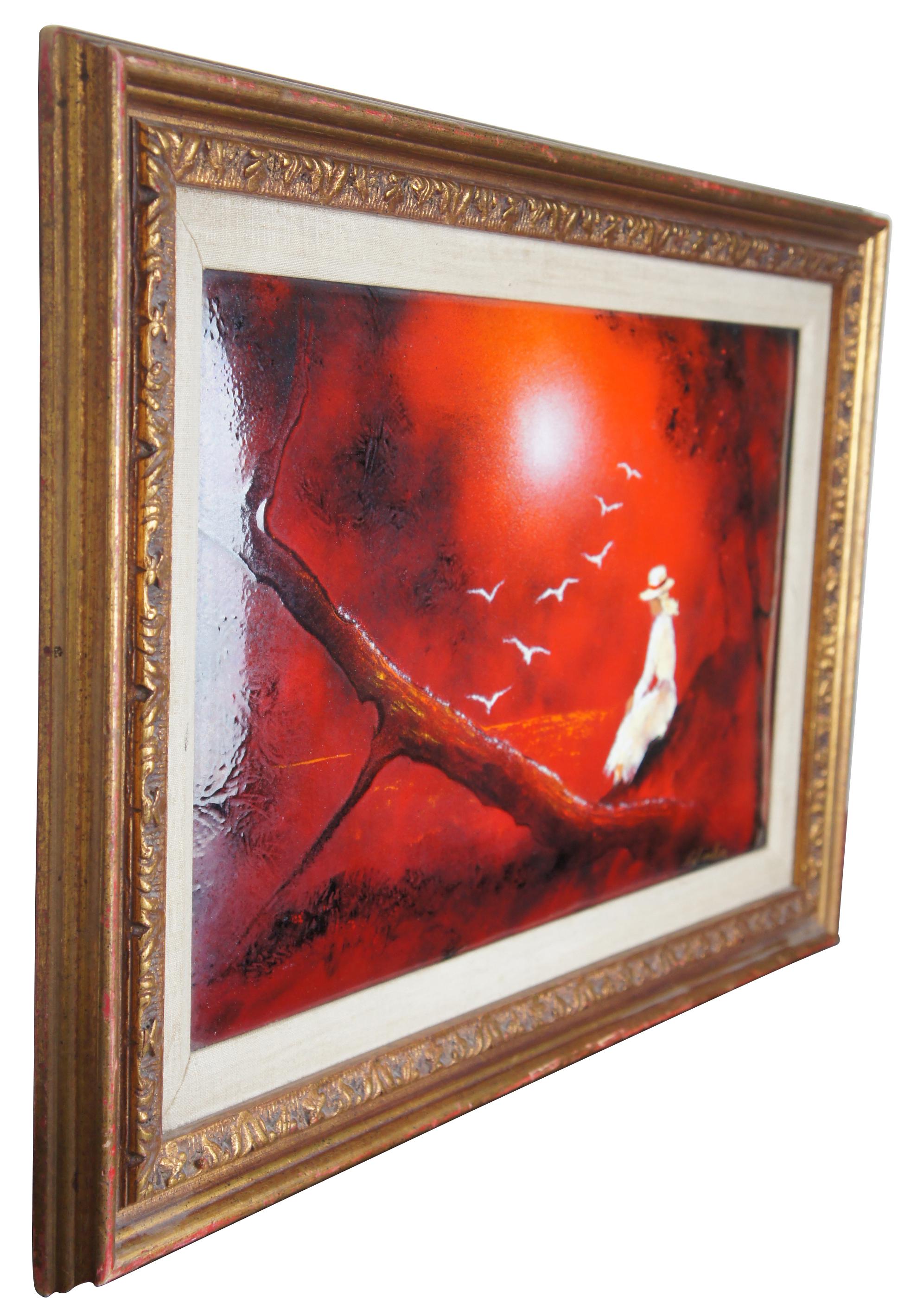 Signed Carol Simkin (American, 20th Century) enamel on copper impressionist style painting in shades of red showing a white clad figure seated at the edge of a body of water watching a flock of birds. Carol was a student of Max Karp who was known as