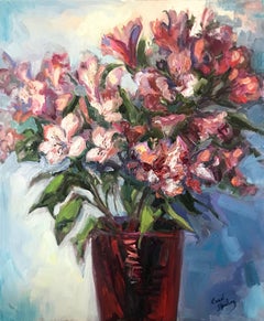 Alstroemeria in roter Vase, Gemälde, Öl auf Leinwand