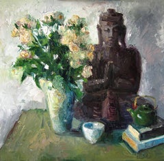 Buddha, Pale Peach Roses, Painting, Oil on MDF Panel