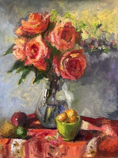 Orange Roses in Clear Vase on Patterned Cloth, Painting, Oil on MDF Panel