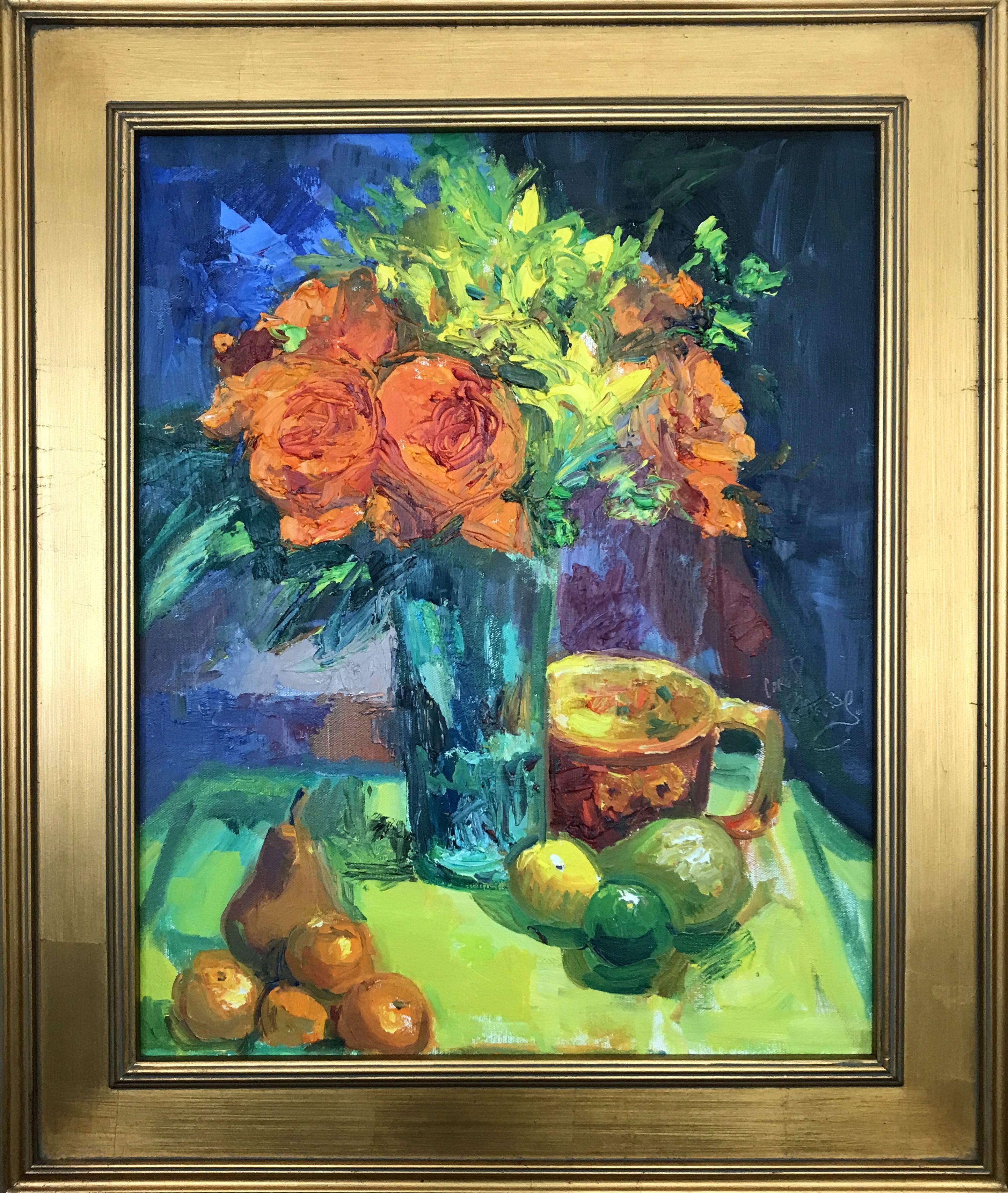 Orange Roses, Orange Cup, Lime Green Tray, Painting, Oil on MDF Panel im Angebot 1