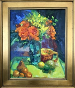 Orange Roses, Orange Cup, Lime Green Tray, Painting, Oil on MDF Panel