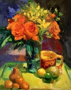 Orange Roses, Orange Cup, Lime Green Tray, Painting, Oil on MDF Panel