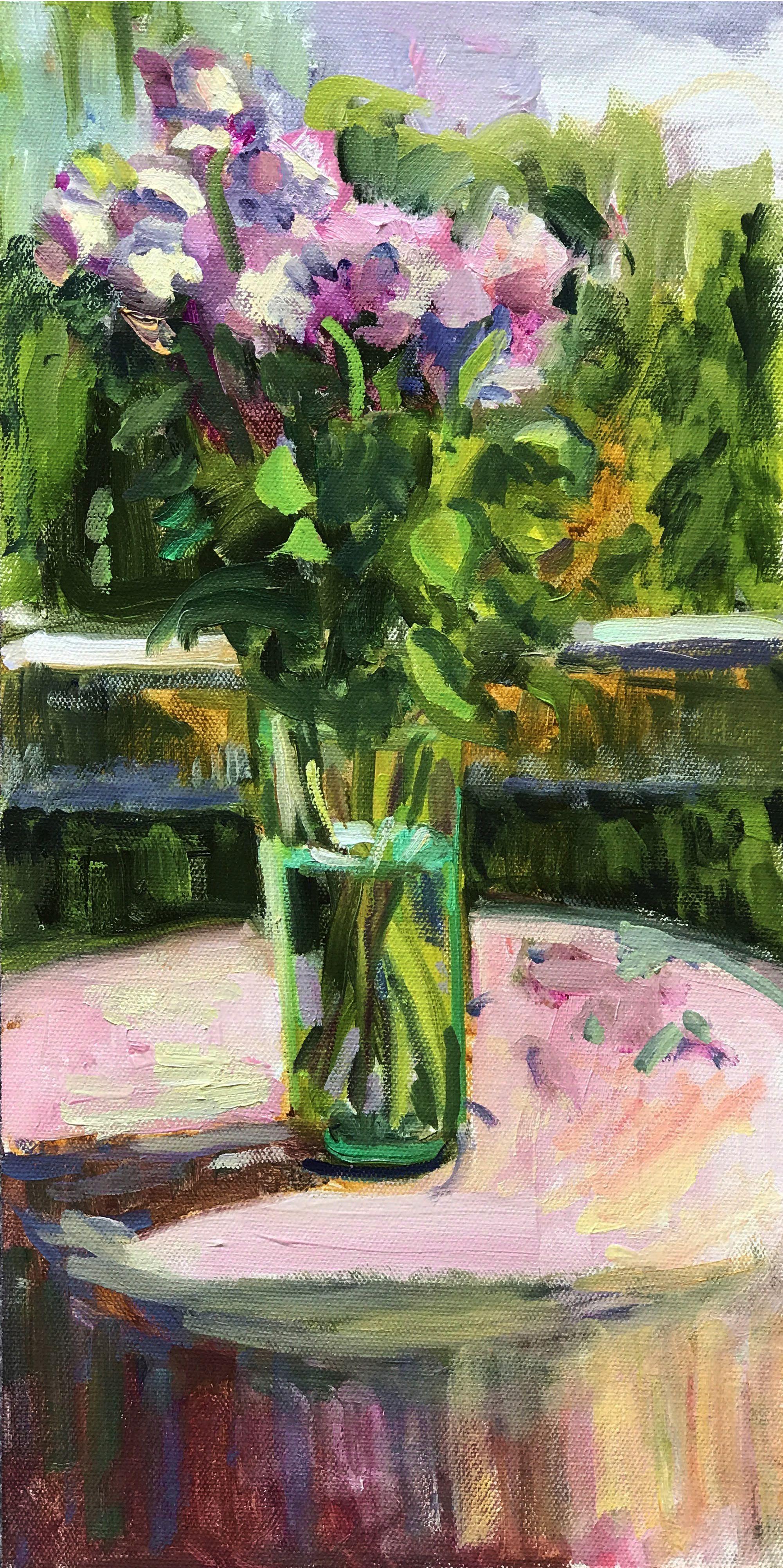 Roses roses sur tissu rose sur  « the Porch », peinture à l'huile sur panneau de MDF - Painting de Carol Steinberg