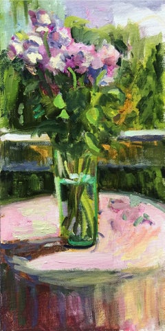 Pink Roses on Pink Cloth on  the Porch, Painting, Oil on MDF Panel