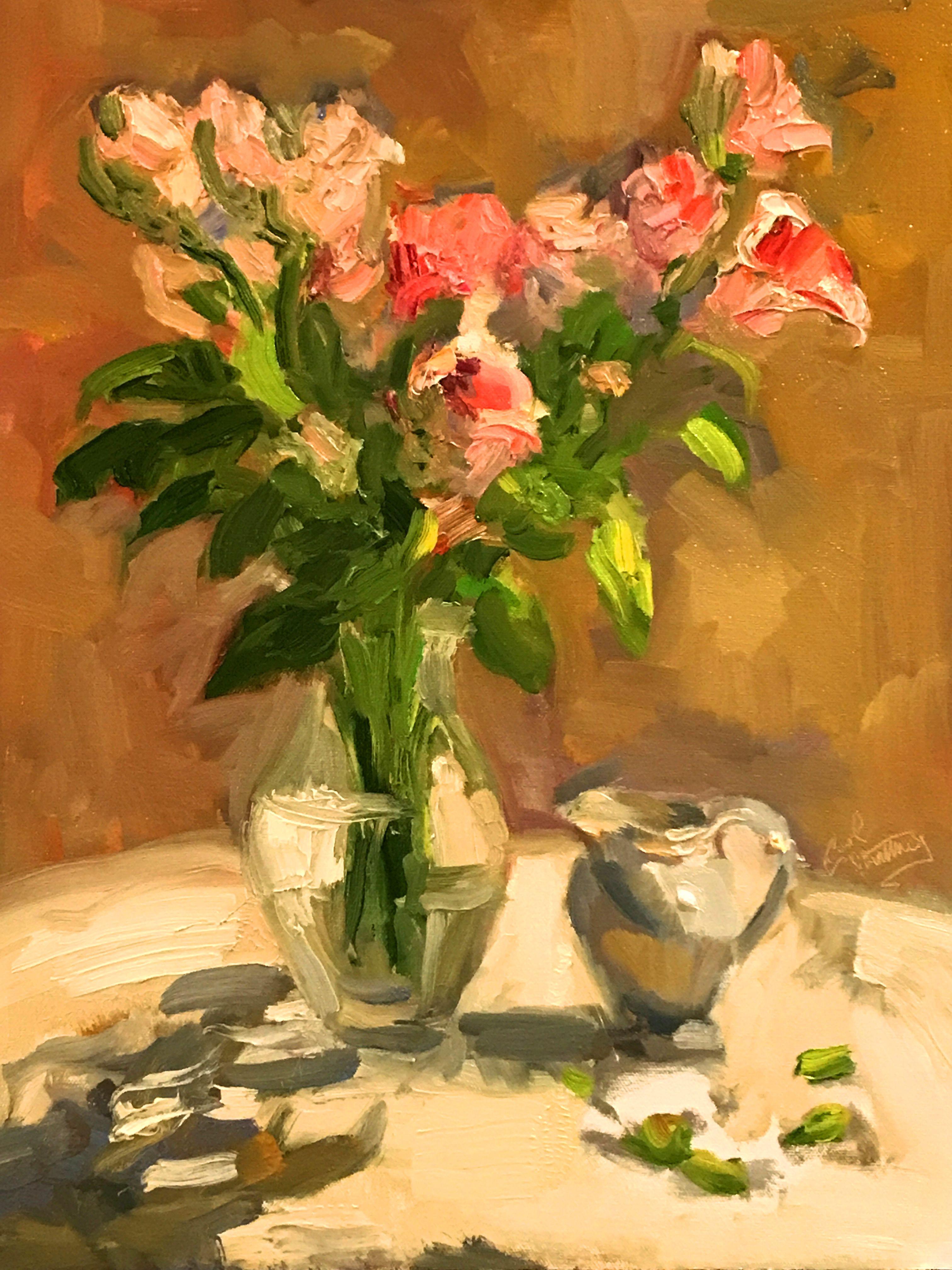 Outdoor sunlit pink roses. :: Painting :: Impressionist :: This piece comes with an official certificate of authenticity signed by the artist :: Ready to Hang: No :: Signed: Yes :: Signature Location: lower right quadrant :: MDF Panel :: Portrait ::