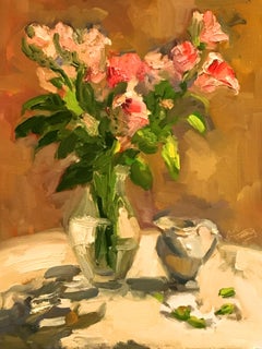 Pink Valentine's Roses on the Porch, Painting, Oil on MDF Panel