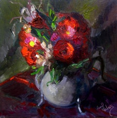 Red Roses In Tea Kettle, Olive and Black Red Groun, Painting, Oil on MDF Panel