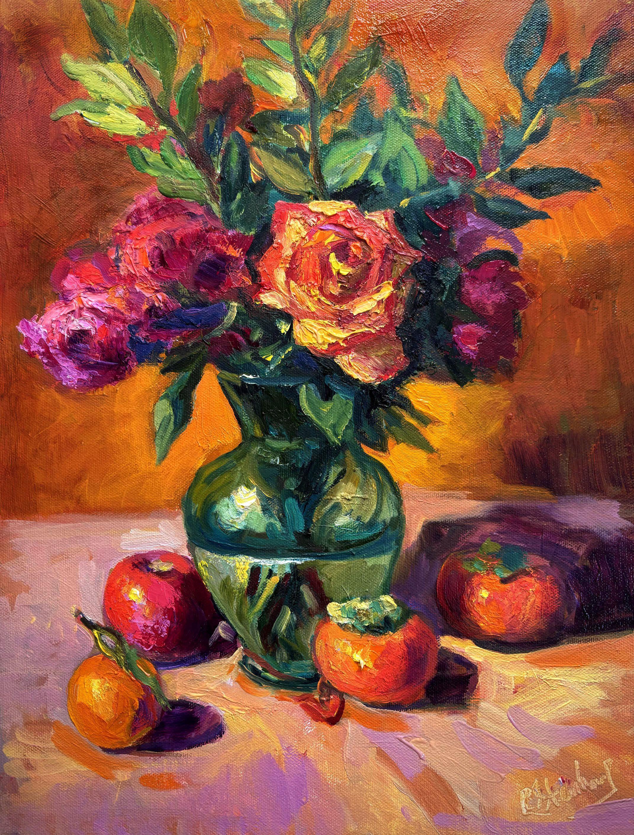 Rose in vetro verde con cachi, Pittura, Olio su pannello MDF - Painting di Carol Steinberg