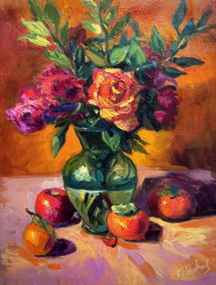 Roses in Green Glass with Persimmons, Painting, Oil on MDF Panel