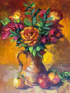 Roses in Terracotta Vase, Painting, Oil on MDF Panel