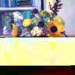 Sketchbooks and Sunflowers, Painting, Oil on Canvas