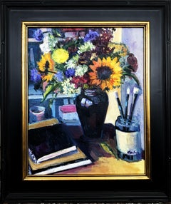 Sunflowers with Brushes, Painting, Oil on MDF Panel