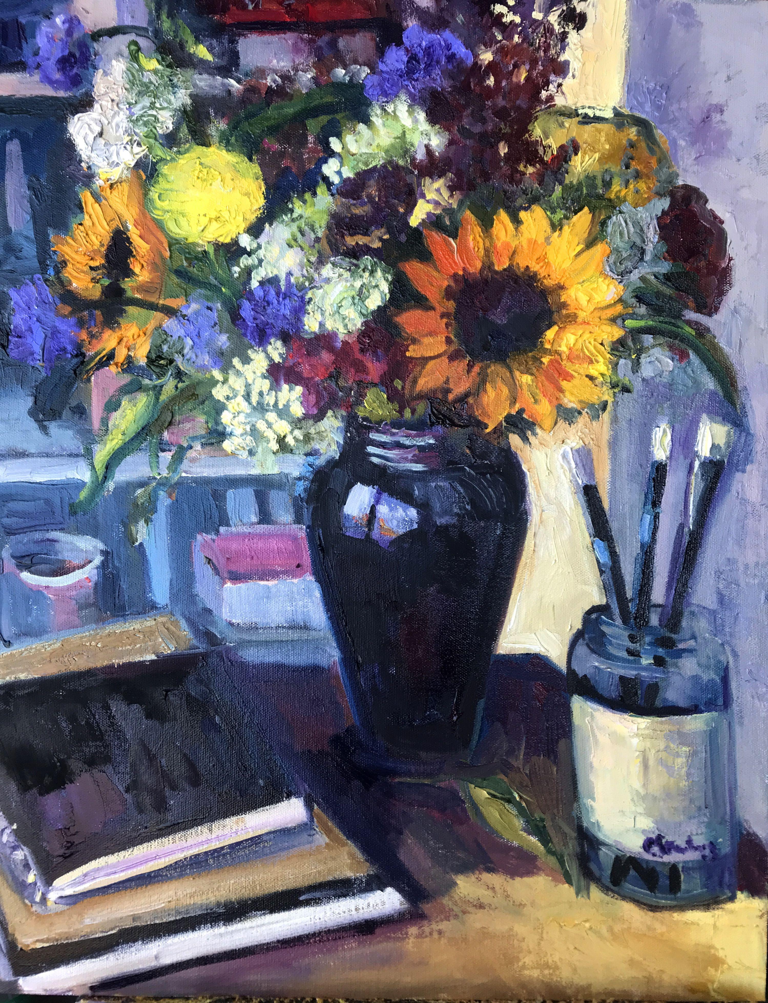 Girasoli con pennelli, Pittura, Olio su pannello MDF - Painting di Carol Steinberg