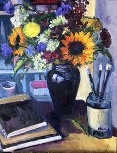 Sunflowers with Brushes, Painting, Oil on MDF Panel